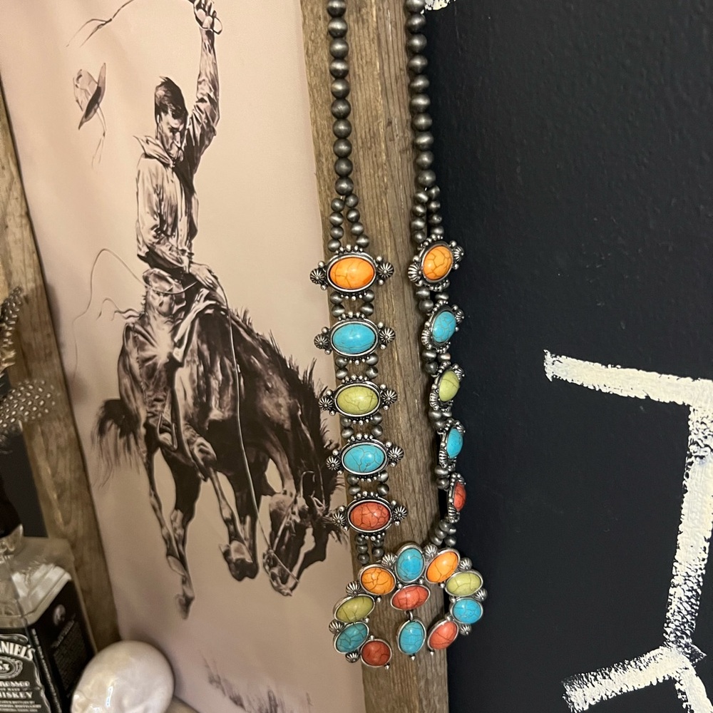 Faux Navajo pearls and turquoise squash blossom